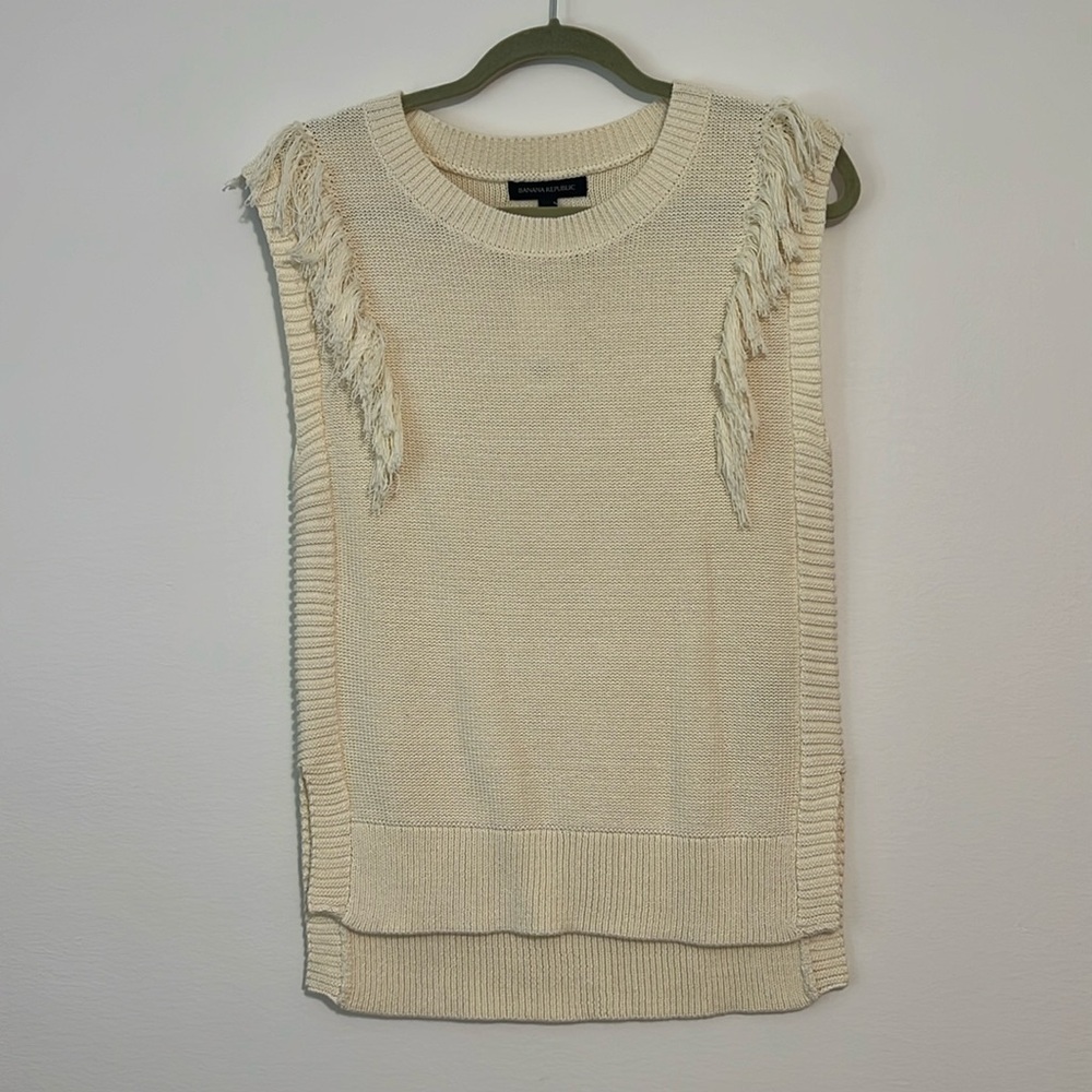 Cream no sleeve fringe sweater by Banana Republic